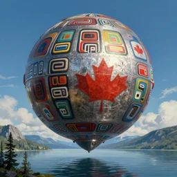 a giant ((((metallic)))) floating sphere covered in canadian colorful aboriginal patterns!! hovering above a Yukon lake, (painted by Ralph McQuarrie), matte painting, very detailed, 1000 Kelvin, concept art