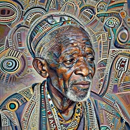 a painting of a wise elder from Africa . dramatic angle, ethereal lights, details, smooth, sharp focus, illustration, realistic, cinematic, artstation, award winning, rgb , unreal engine, octane render, cinematic light, macro, depth of field, blur, red light and clouds from the back, highly detailed epic cinematic concept art CG render made in Maya, Blender and Photoshop, octane render, excellent composition, dynamic dramatic cinematic lighting, aesthetic, very inspirational, arthouse.