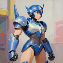 greg manchess portrait painting of partially armored female megaman as overwatch character, medium shot, asymmetrical, profile picture, organic painting, sunny day, matte painting, bold shapes, hard edges, street art, trending on artstation, by huang guangjian, gil elvgren, ruan jia, greg rutkowski, gaston bussiere