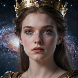 a realistic digital painting of a queen looking over the galaxy, wearing a crown, dramatic lighting, serious expression, 4K, HD, detailed, epic, artstation, beautiful, amazing, eyes, facial features,