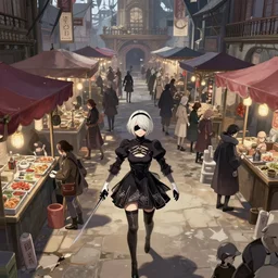 Screenshot from Nier Automata in a bustling market