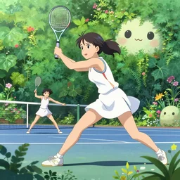 anime visual of a woman playing tennis against another in a tennis court surrounded by lush overgrowth, ivy, foliage, flowers, cute face by ilya kuvshinov, makoto shinkai, kyoani, masakazu katsura, dynamic pose, crisp and sharp, yoshinari yoh, rounded eyes, anime poster, cel shaded