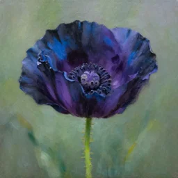 black blue and purple papaver flower, oil painting