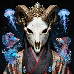 the yey of god portrait with mask and crown made of ram skull. beautiful intricately detailed japanese crow kitsune mask and clasical japanese kimono. betta fish, jellyfish phoenix, bioluminescent, plasma, ice, water, wind, creature, super intricate ornaments artwork by tooth wu and wlop and beeple and greg rutkowski