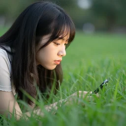 human looking at grass