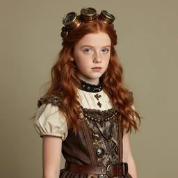 photo of a ten year old girl in steampunk fashion by lilia alvarado, red hair, freckles