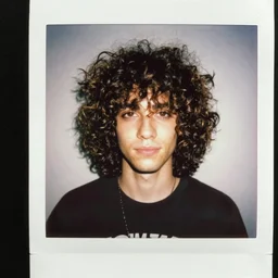 instax polaroid film photo of a pretty punk rock young man with messy very long curly dark brown hair and pretty eyes and a band tee painting in a vintage 80s artist studio interior, old wood floors, musical instruments and band posters, messy maximalist interior, warm, nostalgia, faded glow, expired film analog photography, grainy texturized dusty, saturated colorized