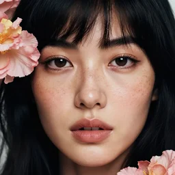 Close-up portrait of a woman, close-up, high sharpness, zeiss lens, fashion photo shoot, flowers, black hair, freckles, Annie Leibovitz and Steve McCurry, David Lazar, Jimmy Nelsson, artistic, hyper-realistic, beautiful face, octane rendering