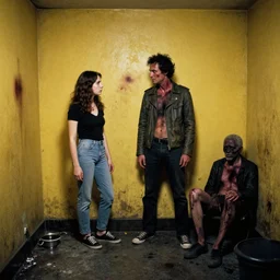 1 9 8 0 s photography, stains, a couple of mutants in a dirty backroom, yellow walls