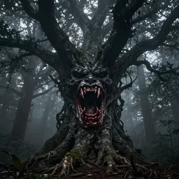dark forest shrouded in mist, a tree with bloody fanged mouth twisted open fangs visible, sinister face on tree trunk with fangs, forbearing, oppressive, epic composition, digital art, concept art, 4 k, highly detailed
