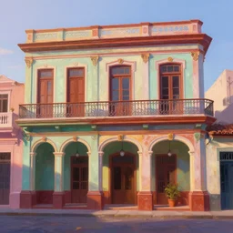 beautiful painting of cuban houses an storefront, colonial architecture, intricate and smooth colors, front view, trending in artstation, octane render, dawn light, art style by disney and pixar
