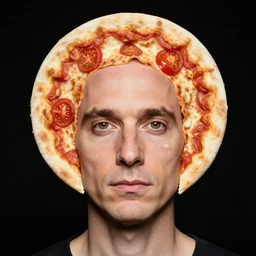 portrait of man with a rare deformational condition making the head flat and circular like a pizza, head looks exactly like a pizza, doughy skin with white pores, blemishes look like tomatoes, soft lighting, sharp focus, highly symmetrical, head and shoulders portrait, black background, masterpiece by annie leibovitz