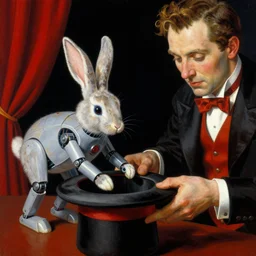a dark close - up view of a magician pulling a robot rabbit out of a hat on stage. red curtains in the background.. dark black background. highly detailed painting by norman rockwell, moebius, frank frazetta, and syd mead. rich colors, high contrast. artstation