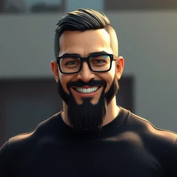 a buff smiling man with long stubble, muscular neck, rectangular square shaped glasses and a black bowl cut, wearing a black tshirt. unreal engine, octane render, illustration by edward gorey