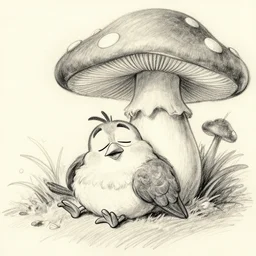 funny tired bird resting under mushroom!! by milt kahl, cartoon pencil sketch