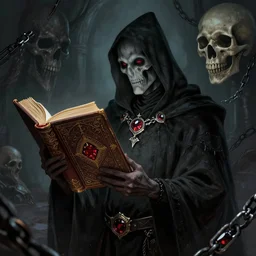A Dark art illustration of undead sorcerer holding a big grimoire by Adam Duff, Ruby insets, chains, monstrous skull, 4k, trending on artstation, pinterest, pixiv