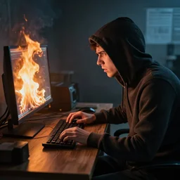 a hacker sits at his computer. the computer is on fire. the hacker is frustrated.