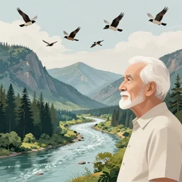 A majestic landscape featuring a river, mountains and a forest. A group of birds is flying in the sky. There is an old man with a dog standing next to him. The man is wearing a backpack. They are both staring at the sunset. Cinematic, very beautiful, pencil drawing