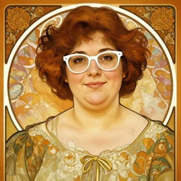 portrait of a curvy stocky romanian woman, brown hair, messy bob, brown eyes, romanian, laugh lines, round face, round chin, round nose, white glasses, glasses, white reading glasses, librarian, wide shot, digital art, alphonse mucha, loish, art nouveau, 8 k, trending on artstation
