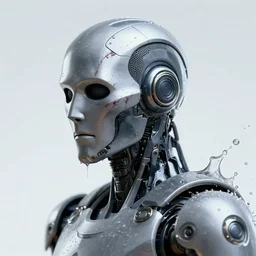 a side portrait of a humanoid robot warrior, blind eyes, scars, splashes of water, terrifying, intense, an ultrafine hyperdetailed illustration, sharp focus, bright colors, destiny 2, fantasy, d & d, unreal engine 5, global illumination, radiant light