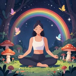 woman in lotus pose, enchanted cosmic forest, mushrooms on the ground, small fairies, stars in the sky, butterflies, rainbows, psychedelic, wide angle shot, vector art, optical illusion, heavenly underwater, 4 k, fantasy poster by helen huang and frank frazetta and salvador dali