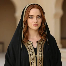 A portrait of Emma Stone wearing arabian abaya, high quality, fully detailed, 4k