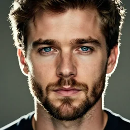 beautiful portrait of a man with a short-beard blue eyes(looking like joshua jackson and aaron paul, sean astin), in the style of Enki Bilal and Joe Jusko and Alex Ross, backlit, concept art, trending on artstation