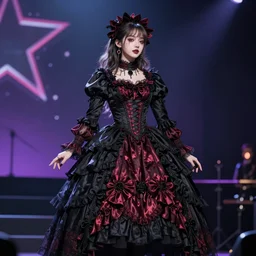 rock star girl in gothic victorian dress on stage. concept art, artstation trending, digital painting highly detailed, vxf movie, cinematic