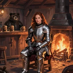 panorama kate beckinsale weared in full plate armor, sit in fantasy tavern near fireplace, behind bar deck with bear mugs, medieval dnd, colorfull digital fantasy art by Ilya Kuvshinov, 4k