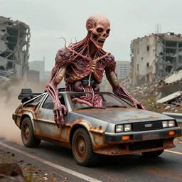 technobiological rusty delorean consisting of tumors, veins, meat, kidneys, entrails, guts, skin. rides along the roads of the destroyed city. biopunk, bodyhorror, high detail, photorealism, full length view, very rust, concept art, octane render, 8 k. cgsociety by wayne barlowe, dariusz zawadzki