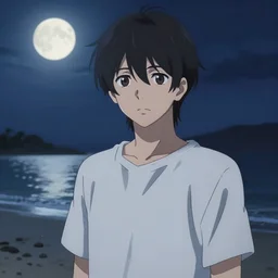 young adult, male, medium length black hair, brown eyes, pale skin, standing on a beach, night, full moon, japanese anime style