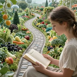 Utopia by Christopher Balaskas Bob Byerley Steve Hanks , old roads are transformed into gardens growing fruits and vegetables, Vivianne and Erika are reading philosophy, solarpunk, futuristic, close-up, 8K, very beautiful, stunning, calm atmosphere, detailed