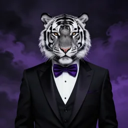 a portrait of a black and white anthropomorphic tiger wearing a dark purple bow tie and a black suit with black and purple clouds in the background by greg rutkowski, dark fantasy, witchy aesthetic, hyper detailed, trending on artstation