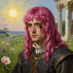 medieval noble male with magenta hair and pink bangs which partly cover his face, blood on his face, photorealistic oil portrait painting in medieval style, sun in the sky, bloom, green grassy land and white marble columns in the background