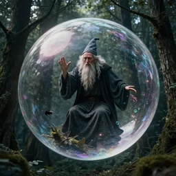 an old wizard trapped inside a floating soap bubble among the trees, ethereal, fantasy, style of hieronymus bosch, dramatic lighting