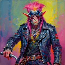 portrait of a scifi apocalyptic demonic orcish goblin biker character, cool pose, psychedelic vibrant colors, futuristic punk rock fashion, oil painting by michael whelan art, sharp focus, realistic, scifi goggles, 8 0 s hair, studded leather jacket, 8 k