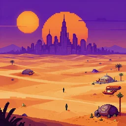 detailed pixel art, science fiction pc game point - and - click adventure, daedalic entertainment, desert with city in the skyline, two suns, purple orange colors, sharp focus, illustration, highly detailed, digital painting, concept art, matte, art by wlop and artgerm and greg rutkowski, masterpiece