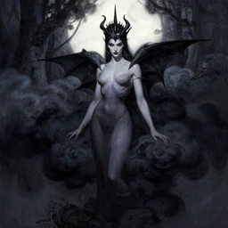 slender demoness queen, above black clouds, black iron tiara, strong line, deep color, forest, beautiful! coherent! by boris vallejo, by frank frazetta