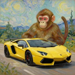 a beautiful oil painting of a monkey in a lamborghini, 8k , award winning , made in 1800's , old , painted by vincent van gogh