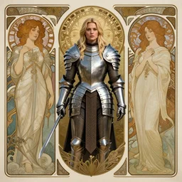 masterpiece head-on symmetrical centered portrait, Elisha Cuthbert as a Warcraft warrior, medieval era, blonde hair, full steel armour, art nouveau, gothic, elegant, distant, in the style of Edgar Maxence and Ross Tran and Zdzisław Beksiński and Michael Whelan and Mucha and Gustave Doré, specular highlights, 8k, octane render
