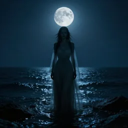 film still of ominous ethereal female figure waiting in the depths of a dark ocean on a moonlit night, cinematography by Vadim Yusov