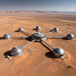 panoramic photo of several mars colonies connected together