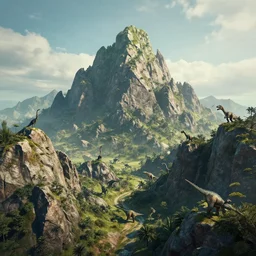 sublime!! beautiful landscape!! of an alien!! world with mountains and ( ( ( ( dinosaurs ) ) ) )