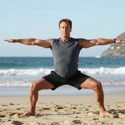 arnold schwarzenegger doing yoga on a beach, 8 k hyper realistic