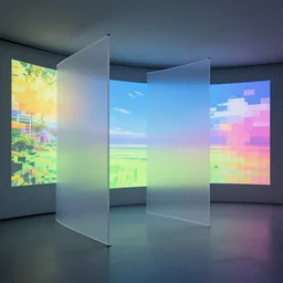 room with overlaping curved translucent screens projecting video, large colorful video, pixel perfect image, high contrast, volumetric lighting, tiny neon light, chair, user, pair of keys