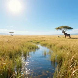 distant cyberpunk wildlife on the african plains, long grass, sparkling water, glistening, clear blue sky, midday sun, mirage, hyper realistic, hyper detailed, digital art, trending in artstation, cinematic lighting, vibrant, studio quality, smooth render, unreal engine 5 rendered, octane rendered, by jesper ejsing, wlop, paul lehr