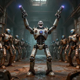 a robot mad scientist overlord laughing maniacally with both arms raised high, standing in front of hundreds of robots inside a huge rusty dingy warehouse, raygun gothic, atomic punk, digital art, detailed octane render