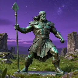 a grand bronze statue of a burly muscular viking, wielding a large halberd threateningly in one outstretched hand, flowing hair and long robes, regal and menacing visage, built in a verdant field surrounded by ancient ruins, at dusk with purple twilight night sky with stars and galaxies, enhanced 4 k stylized digital art