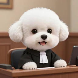 a closeup photorealistic illustration of a cute smiling white bichon frise judge wearing a black gown at the courthouse bench. this 4 k hd image is trending on artstation, featured on behance, well - rendered, extra crisp, features intricate detail, epic composition and the style of unreal engine.