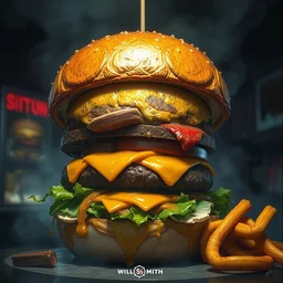 will smith inside hamburger, hyper detailed, digital art, artstation, cinematic lighting, studio quality, smooth render, by peter caravaggio, mohrbacher, hajime sorayama, wayne barlowe, boris vallejo, aaron horkey, gaston bussiere, craig mullins